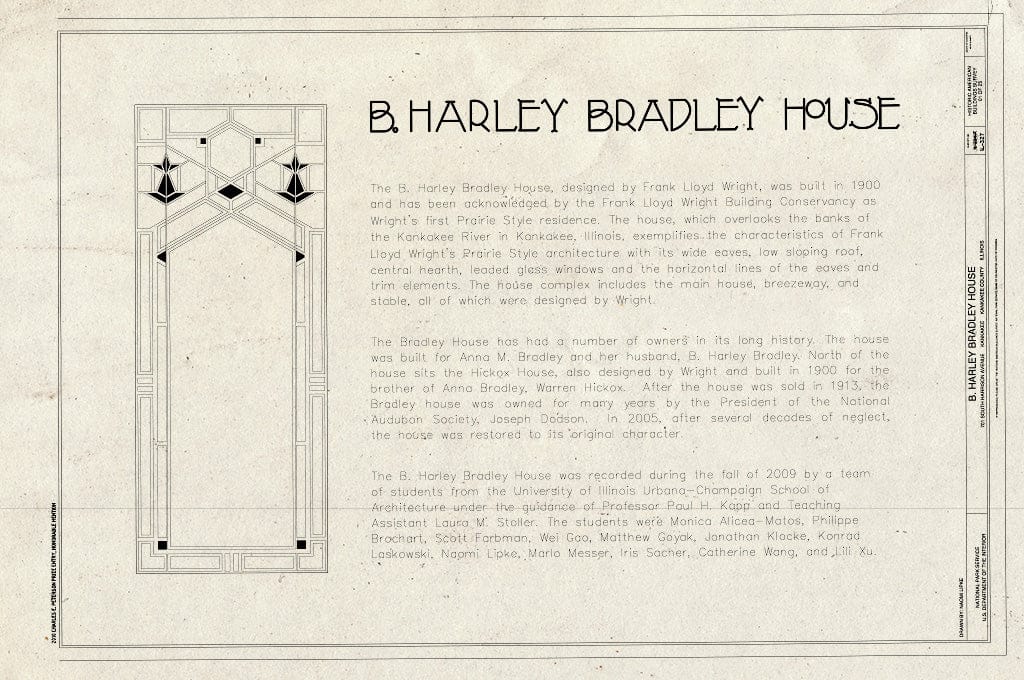 Blueprint Cover Sheet - B. Harley Bradley House, 701 South Harrison Avenue, Kankakee, Kankakee County, IL