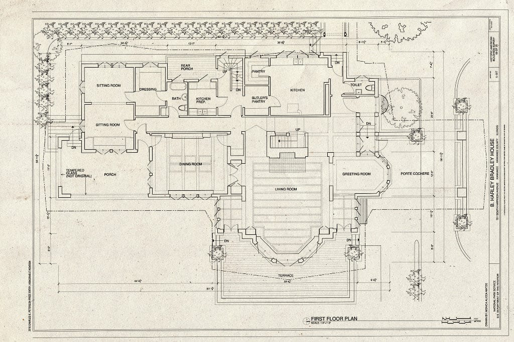 Blueprint First Floor Plan - B. Harley Bradley House, 701 South Harrison Avenue, Kankakee, Kankakee County, IL