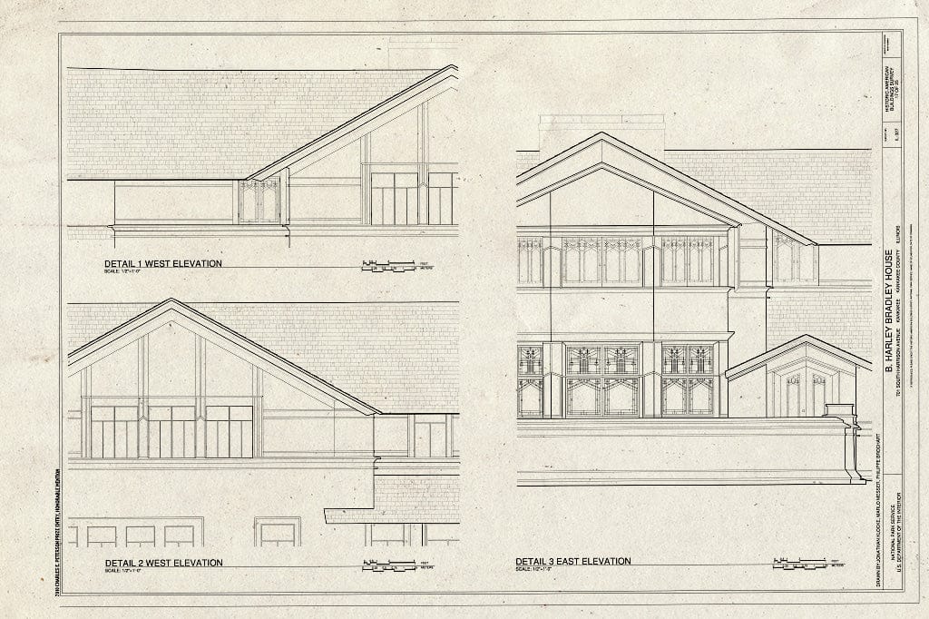 Blueprint Details of East and West Elevations - B. Harley Bradley House, 701 South Harrison Avenue, Kankakee, Kankakee County, IL