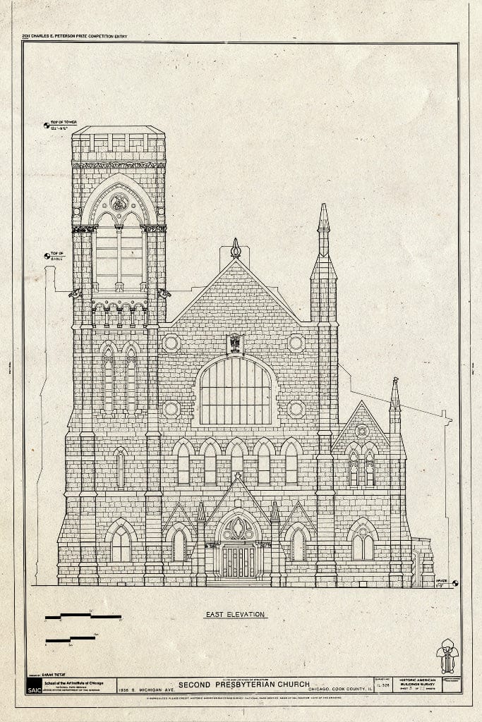 Blueprint East Elevation - Second Presbyterian Church, 1936 South Michigan Avenue, Chicago, Cook County, IL