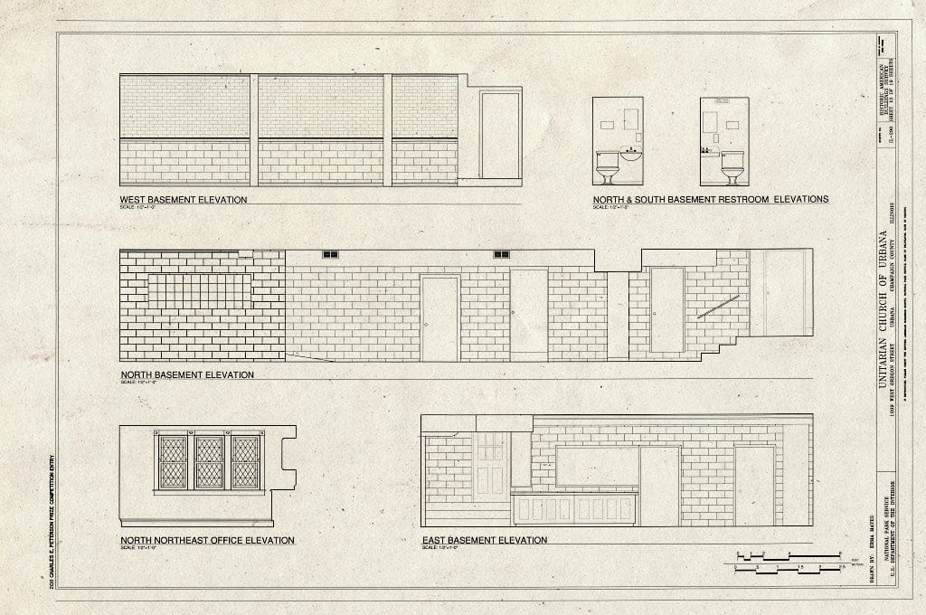 Blueprint Basement Elevations, North-northeast Office Elevation, Basement Restroom Elevations - Unitarian Church of Urbana, 1209 West Oregon Street, Urbana, Champaign County, IL