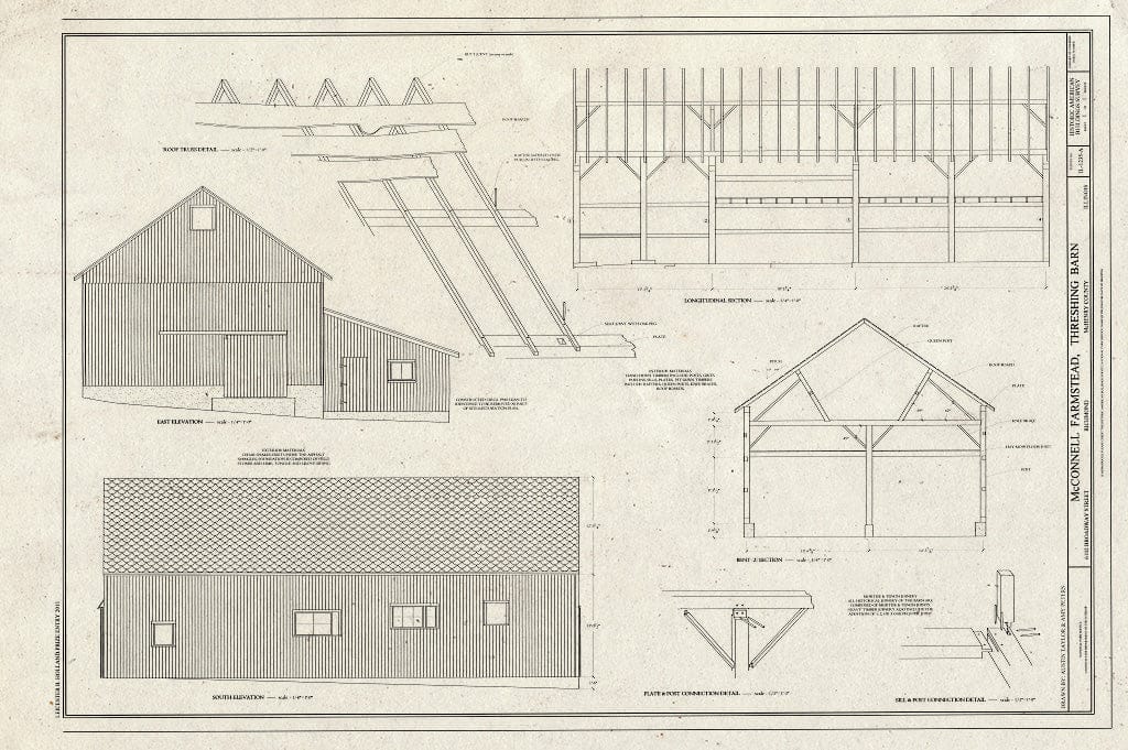 Blueprint East and south elevations, roof truss detail, sections, construction details - McConnell Farmstead, Threshing Barn, 6102 Broadway Street, Richmond, McHenry County, IL