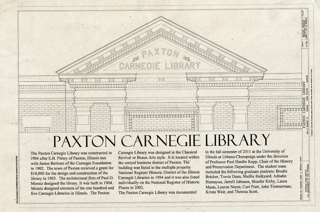 Blueprint Cover Sheet - Paxton Carnegie Library, 254 South Market Street, Paxton, Ford County, IL