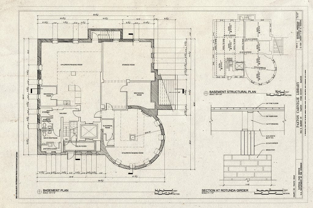 Blueprint Basement Plan, Basement Structural Plan, Section at Rotunda Girder - Paxton Carnegie Library, 254 South Market Street, Paxton, Ford County, IL