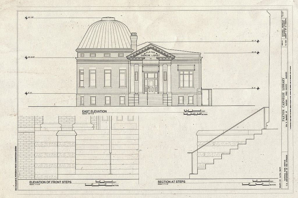 Blueprint East Elevation, Elevation of Front Steps, Section at Steps - Paxton Carnegie Library, 254 South Market Street, Paxton, Ford County, IL