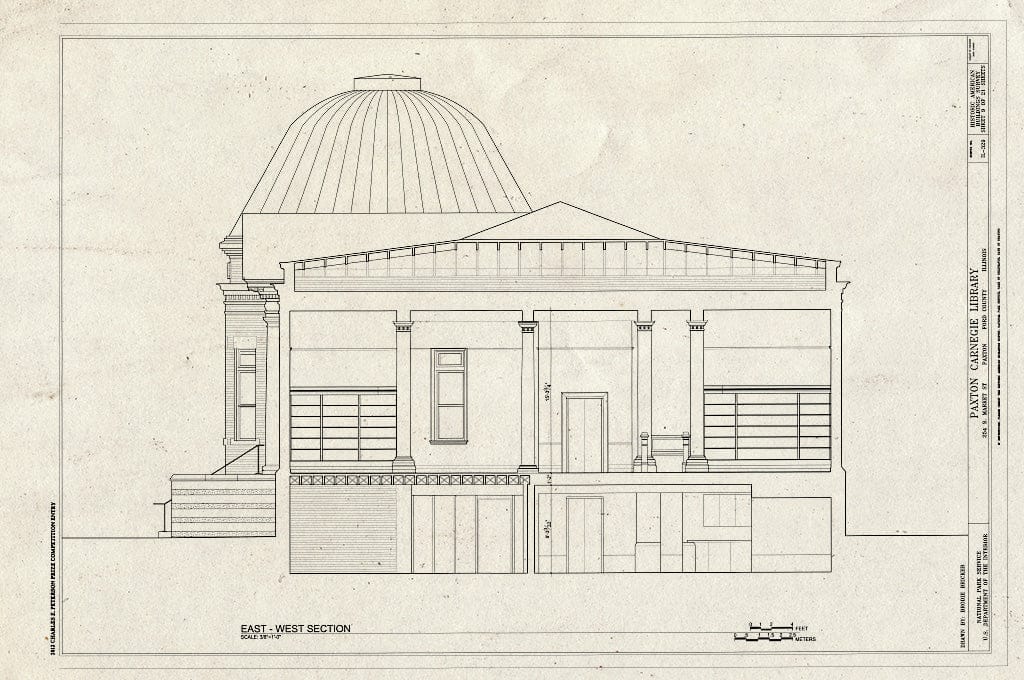 Blueprint East-West Section - Paxton Carnegie Library, 254 South Market Street, Paxton, Ford County, IL