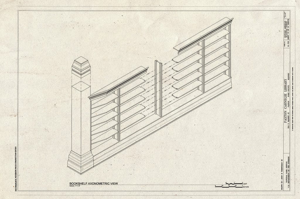 Blueprint Bookshelf Axonometric View - Paxton Carnegie Library, 254 South Market Street, Paxton, Ford County, IL