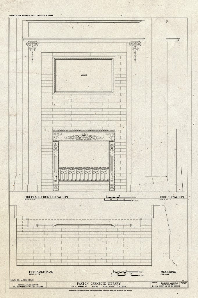 Blueprint Fireplace Details - Paxton Carnegie Library, 254 South Market Street, Paxton, Ford County, IL