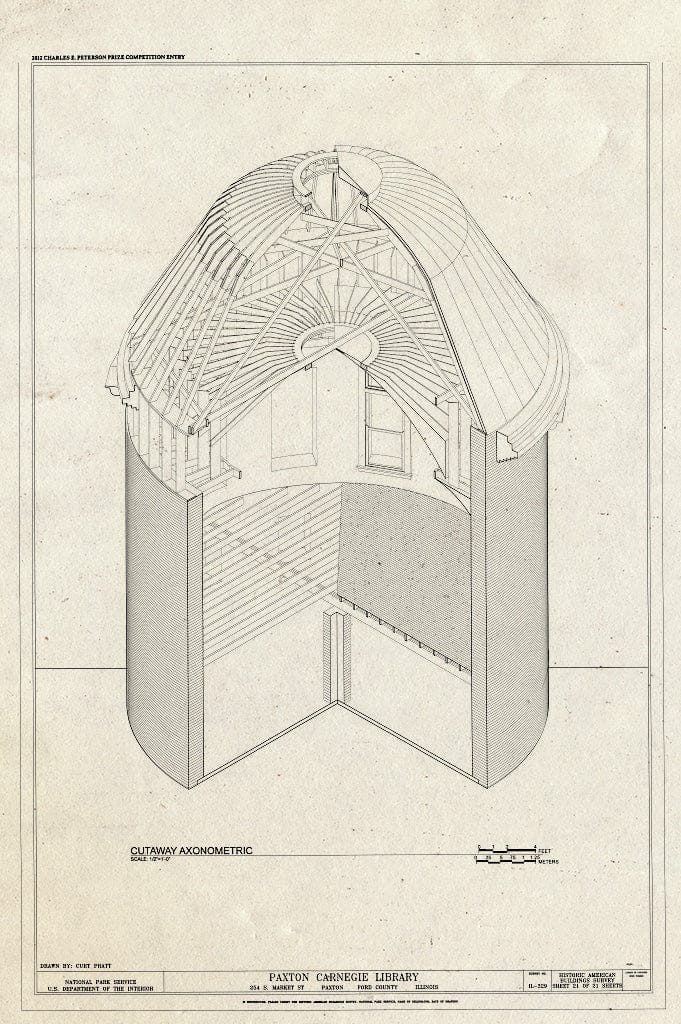 Blueprint Cutaway Axonometric - Paxton Carnegie Library, 254 South Market Street, Paxton, Ford County, IL