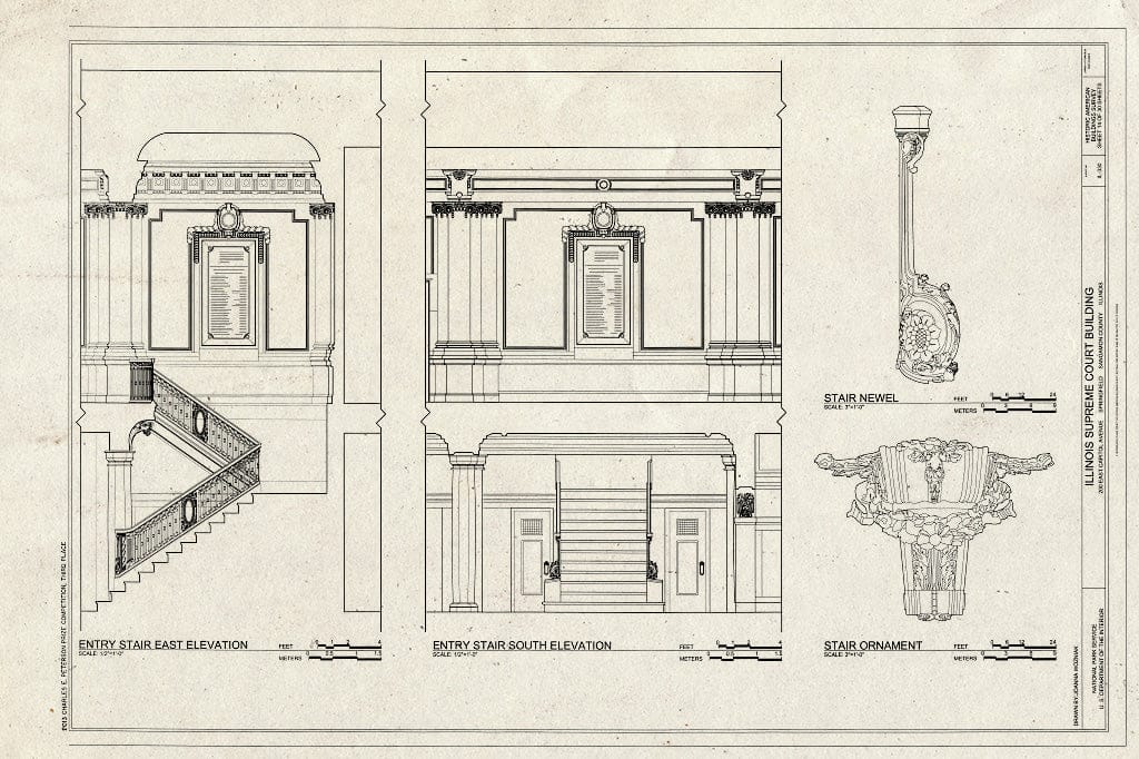 Blueprint Entry Stair East and South Elevations, Stair Newel, Stair Ornament - Illinois Supreme Court Building, 200 East Capitol Avenue, Springfield, Sangamon County, IL