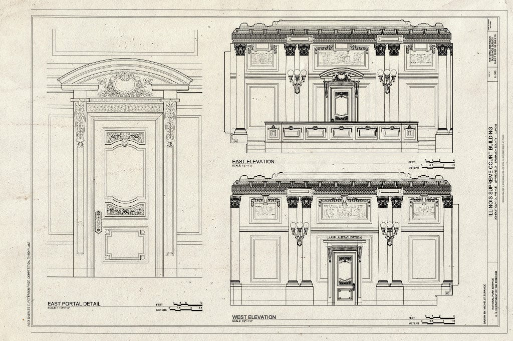 Blueprint East Portal Detail, East and West Elevation - Illinois Supreme Court Building, 200 East Capitol Avenue, Springfield, Sangamon County, IL