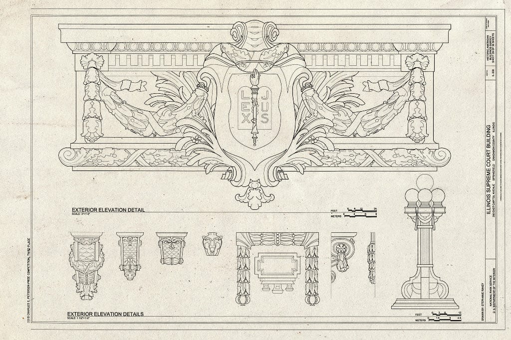 Blueprint Exterior Elevation Details - Illinois Supreme Court Building, 200 East Capitol Avenue, Springfield, Sangamon County, IL