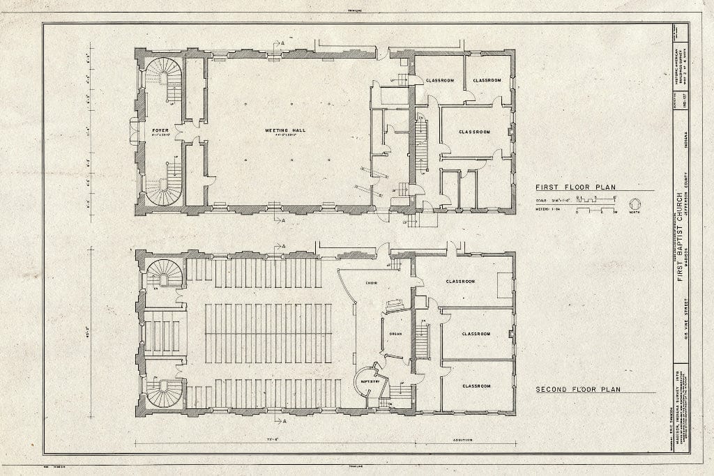 Blueprint First Floor Plan, Second Floor Plan - First Baptist Church, 416 Vine Street, Madison, Jefferson County, in