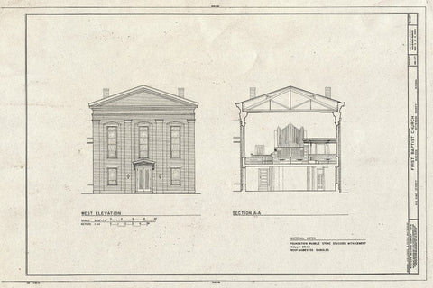 Blueprint West Elevation, Section A-A - First Baptist Church, 416 Vine Street, Madison, Jefferson County, in