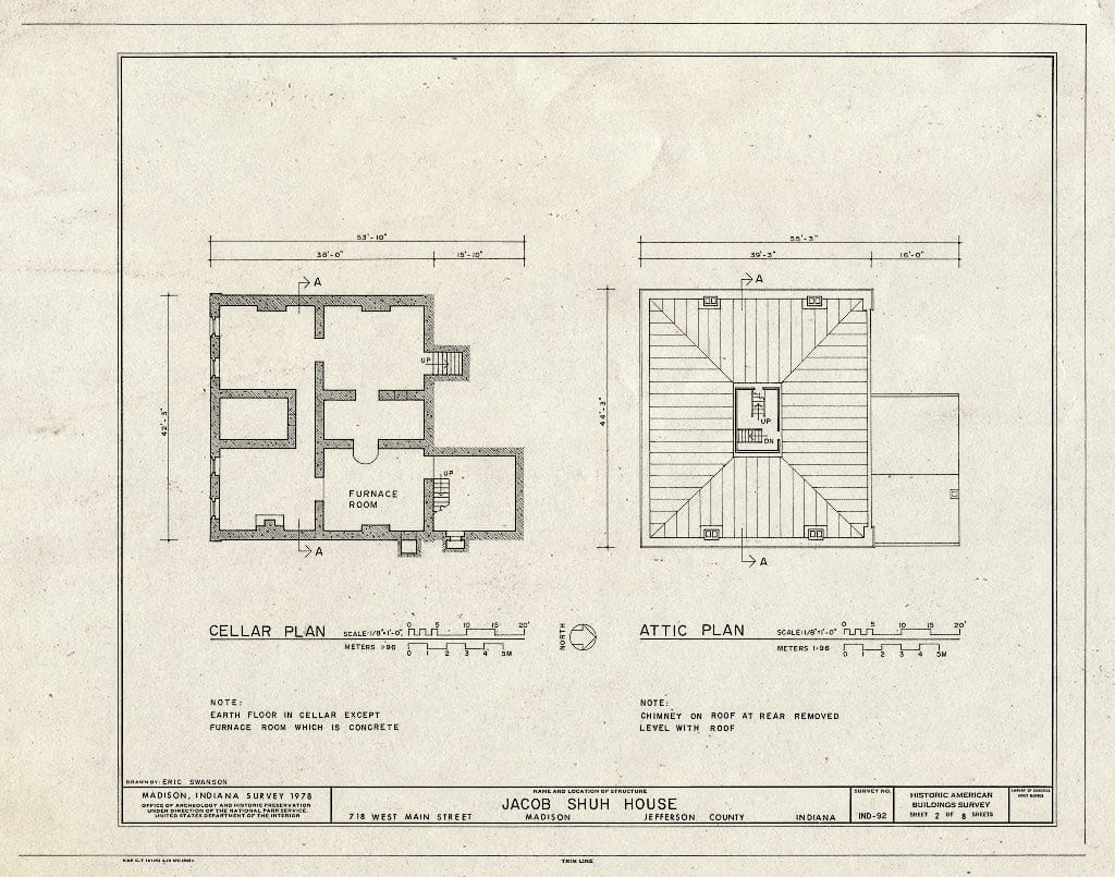 Blueprint Cellar Plan, Attic Plan - Jacob Shuh House, 718 West Main Street, Madison, Jefferson County, in