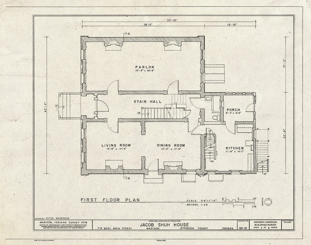 Blueprint First Floor Plan - Jacob Shuh House, 718 West Main Street, Madison, Jefferson County, in