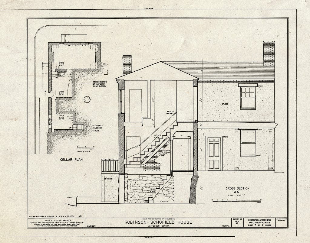 Blueprint Cellar Plan, Cross Section A-A - Robinson-Schofield House, 221 West Second Street, Madison, Jefferson County, in