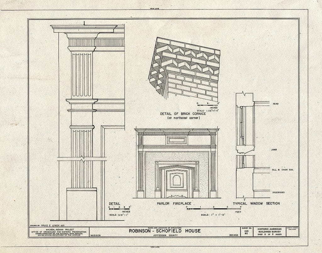 Blueprint Details, Parlor Fireplace, Typical Window Section - Robinson-Schofield House, 221 West Second Street, Madison, Jefferson County, in