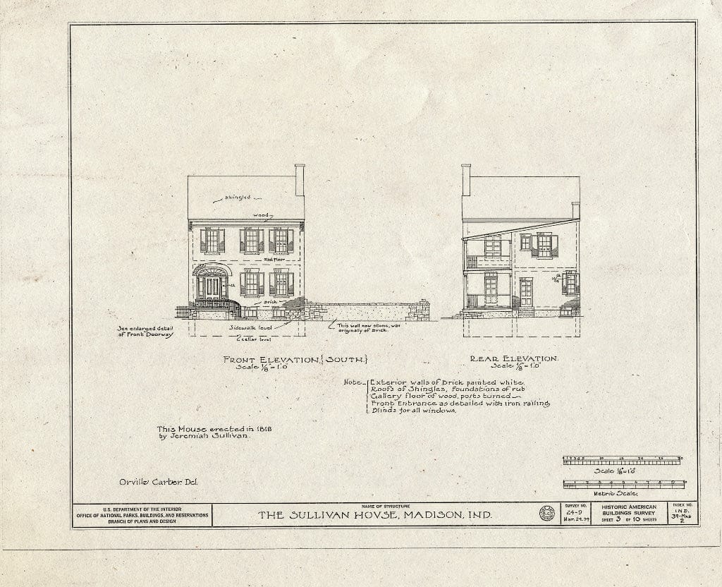 Blueprint Front Elevation (South), Rear Elevation - Judge Jeremiah Sullivan House, 304 West Second Street, Madison, Jefferson County, in