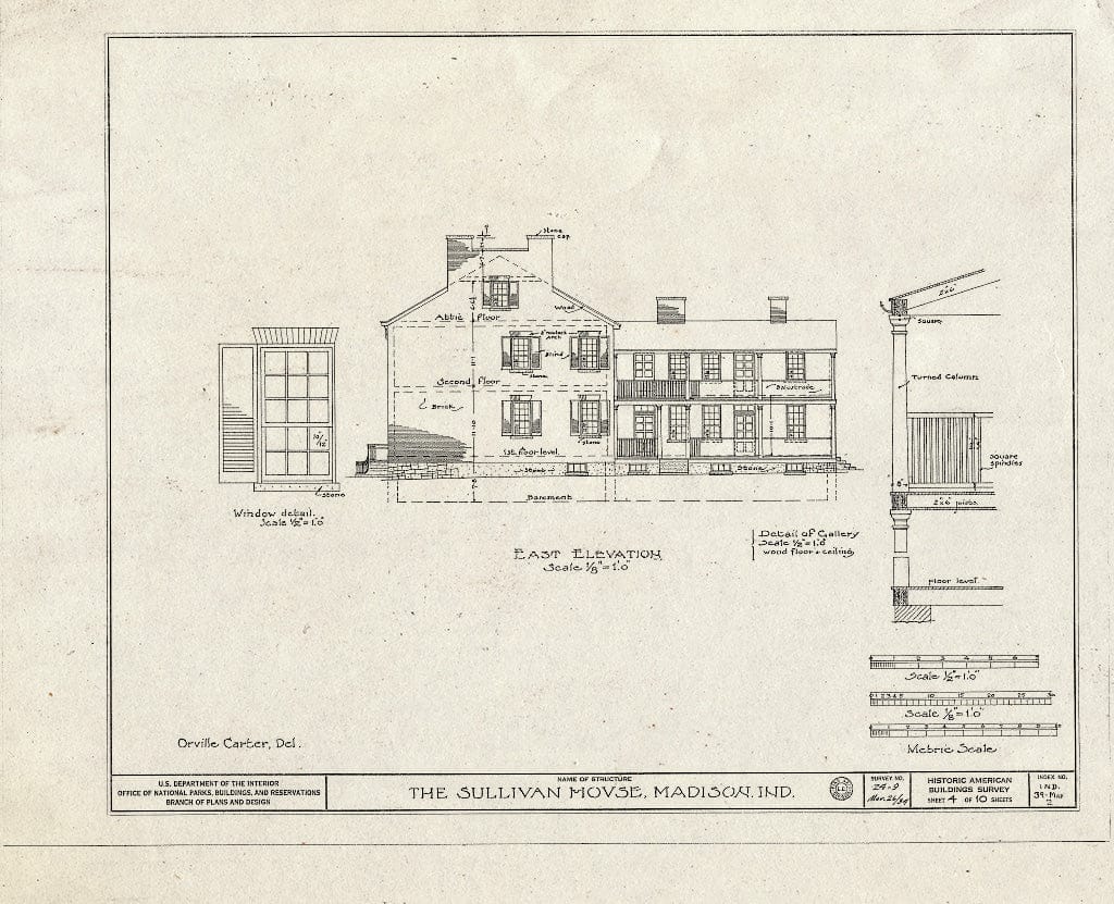 Blueprint East Elevation, Details - Judge Jeremiah Sullivan House, 304 West Second Street, Madison, Jefferson County, in