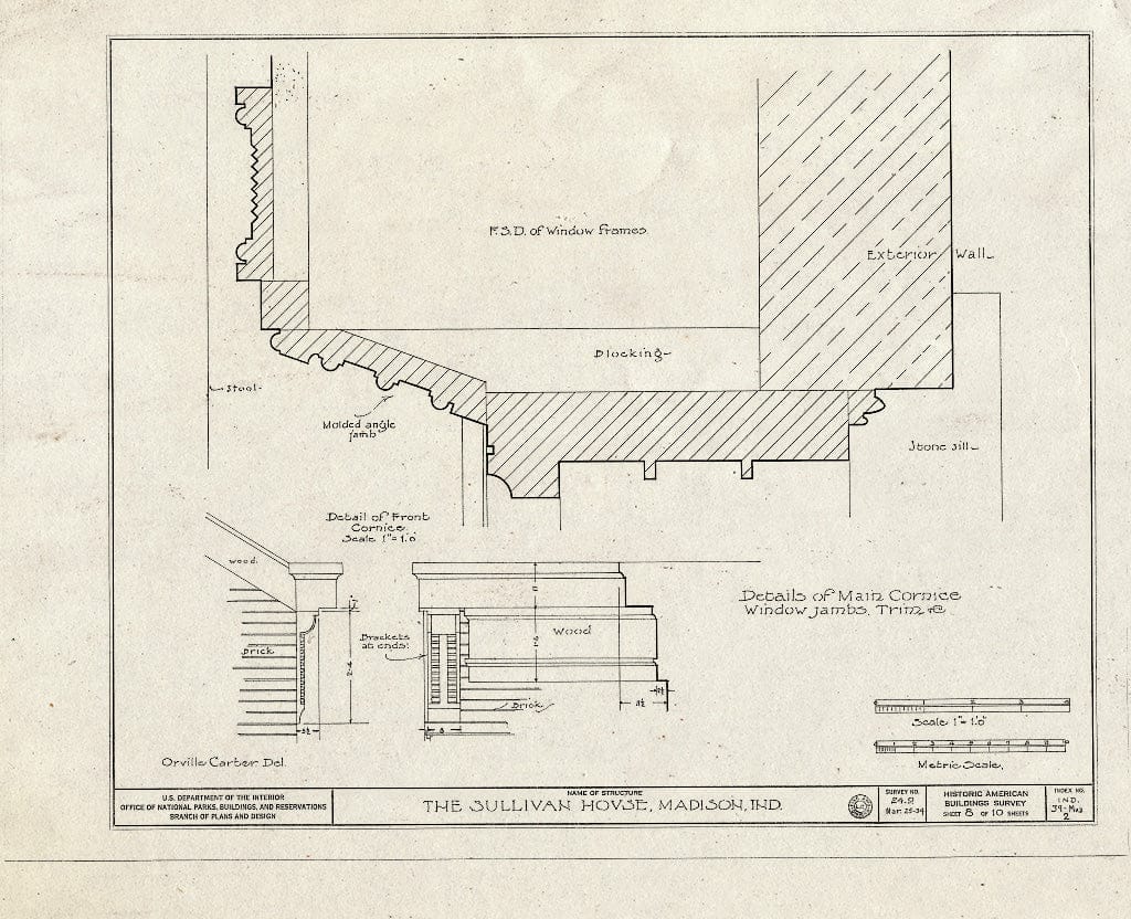 Blueprint Details of Main Cornice, Window Jambs, Trim - Judge Jeremiah Sullivan House, 304 West Second Street, Madison, Jefferson County, in