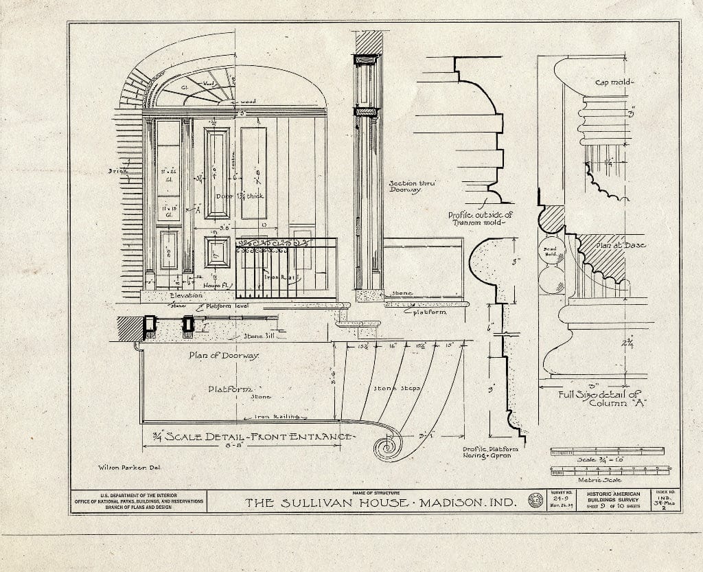 Blueprint 3/4 Scale Detail, Front Entrance - Judge Jeremiah Sullivan House, 304 West Second Street, Madison, Jefferson County, in