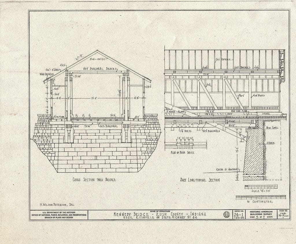 Blueprint Cross Section Thru Bridge, Part Longitudinal Section - Kennedy Bridge, Spanning Flat Rock River at State Route 44, Rushville, Rush County, in