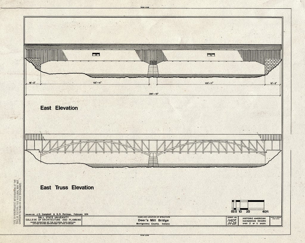 Blueprint East Elevation, East Truss Elevation - Deer's Mill Covered Bridge, Spanning Sugar Creek at Highway 234, Alamo, Montgomery County, in