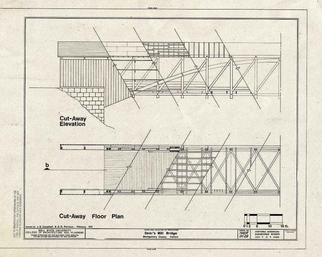 Blueprint Cut-Away Elevation, Cut-Away Floor Plan - Deer's Mill Covered Bridge, Spanning Sugar Creek at Highway 234, Alamo, Montgomery County, in