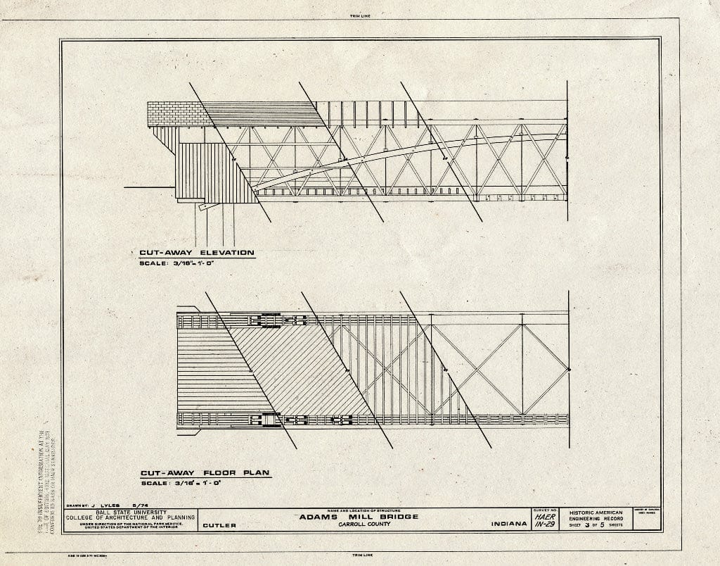 Blueprint Cut-Away Elevation, Cut-Away Floor Plan - Adams Mill Bridge, Spanning Wildcat Creek at County Road 50, Cutler, Carroll County, in