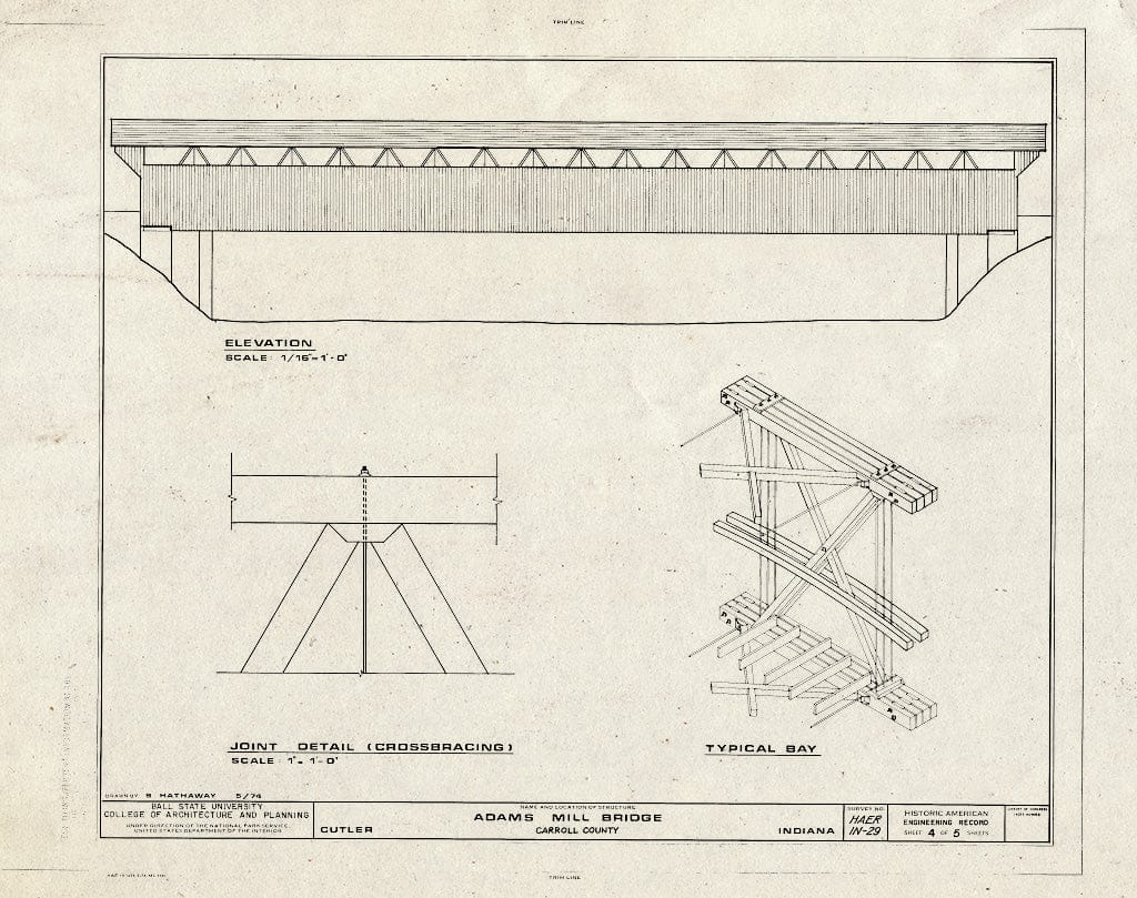 Blueprint Elevation; Joint Detail (Crossbracing); Typical Bay - Adams Mill Bridge, Spanning Wildcat Creek at County Road 50, Cutler, Carroll County, in