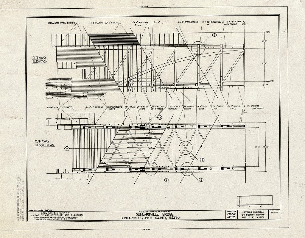 Blueprint Cut-Away Elevation; Cut-Away Floor Plan - Dunlapsville Covered Bridge, Spanning East Fork Whitewater River, Dunlapsville, Union County, in