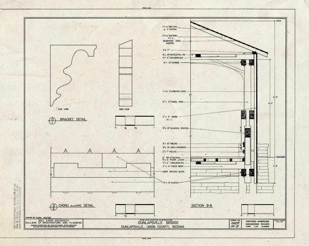 Blueprint Bracket Detail; Chord Joining Detail; Section B-B - Dunlapsville Covered Bridge, Spanning East Fork Whitewater River, Dunlapsville, Union County, in