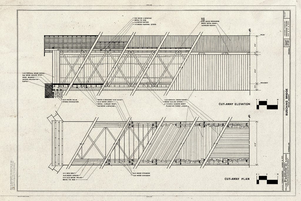 Blueprint Cut-Away Elevation, Cut-Away Plan - Busching Covered Bridge, Spanning Laughery Creek at Covered Bridge Road, Versailles, Ripley County, in