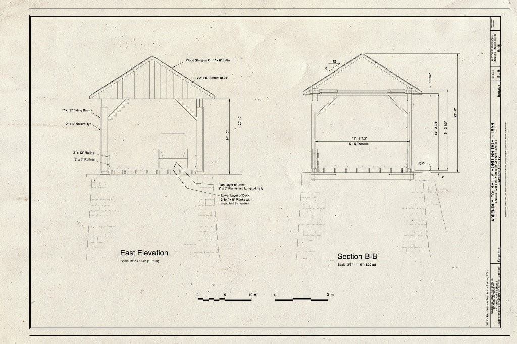 Blueprint East Elevation, Section B-B - Bells Ford Bridge, Spanning East Fork White River at State Route 258, Seymour, Jackson County, in