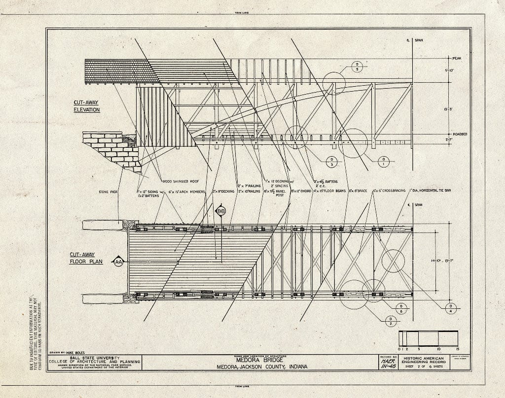 Blueprint Cut-Away Elevation, Cut-Away Floor Plan - Medora Bridge, Spanning East Fork of White River at State Route 235, Medora, Jackson County, in