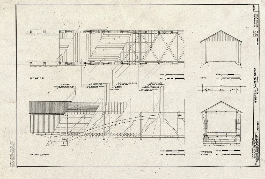 Blueprint Cut Away Plan, Portal, Cut Away Elevation, Transverse Section - Mansfield Covered Bridge, Spanning Big Raccoon Creek, Mansfield, Parke County, in