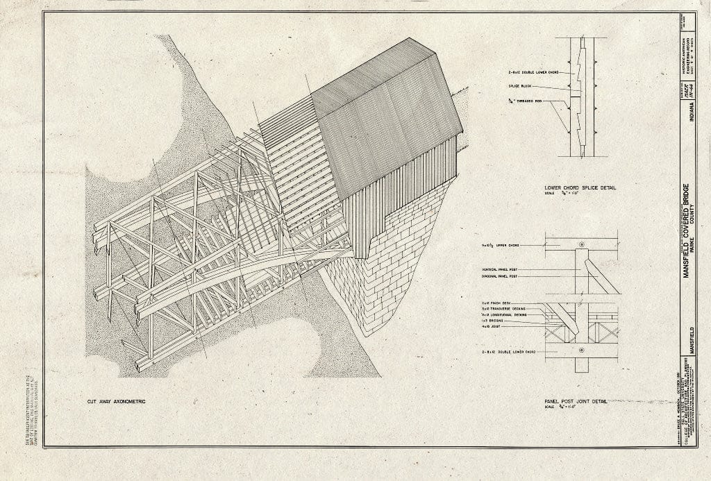 Blueprint Cut Away Axonometric, Lower Chord Splice Detail, Panel Post Joint Detail - Mansfield Covered Bridge, Spanning Big Raccoon Creek, Mansfield, Parke County, in