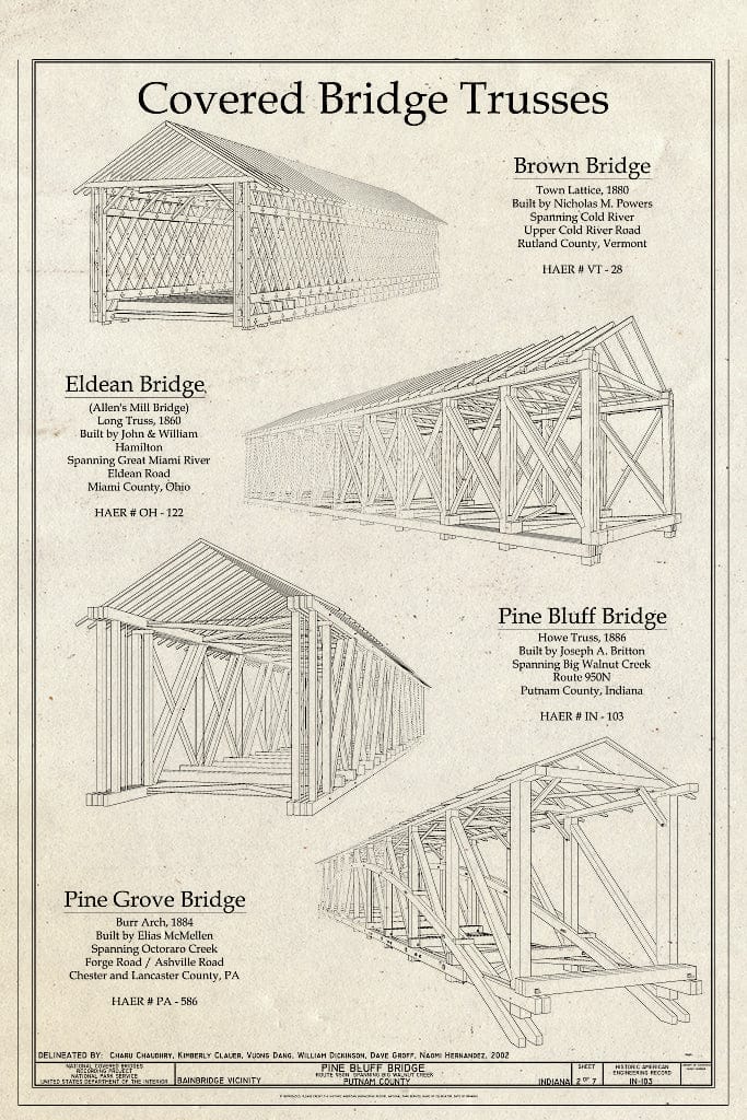 Blueprint Covered Bridge Trusses - Pine Bluff Bridge, Spanning Big Walnut Creek, CR 950N, Bainbridge, Putnam County, in