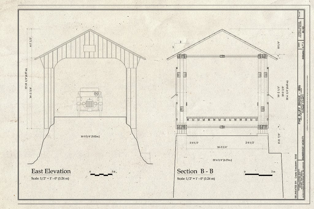 Blueprint East Elevation, Section B-B - Pine Bluff Bridge, Spanning Big Walnut Creek, CR 950N, Bainbridge, Putnam County, in