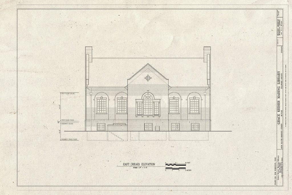 Blueprint East (Rear) Elevation - Grace Keiser Maring Library, 1808 South Madison Street, Muncie, Delaware County, in