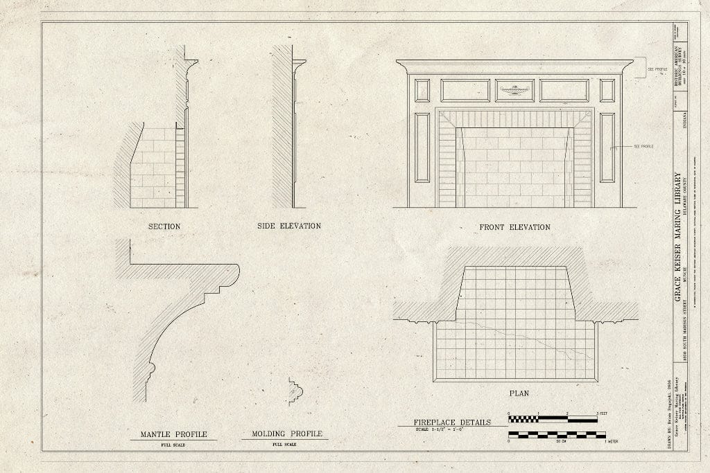 Blueprint Fireplace Details - Grace Keiser Maring Library, 1808 South Madison Street, Muncie, Delaware County, in