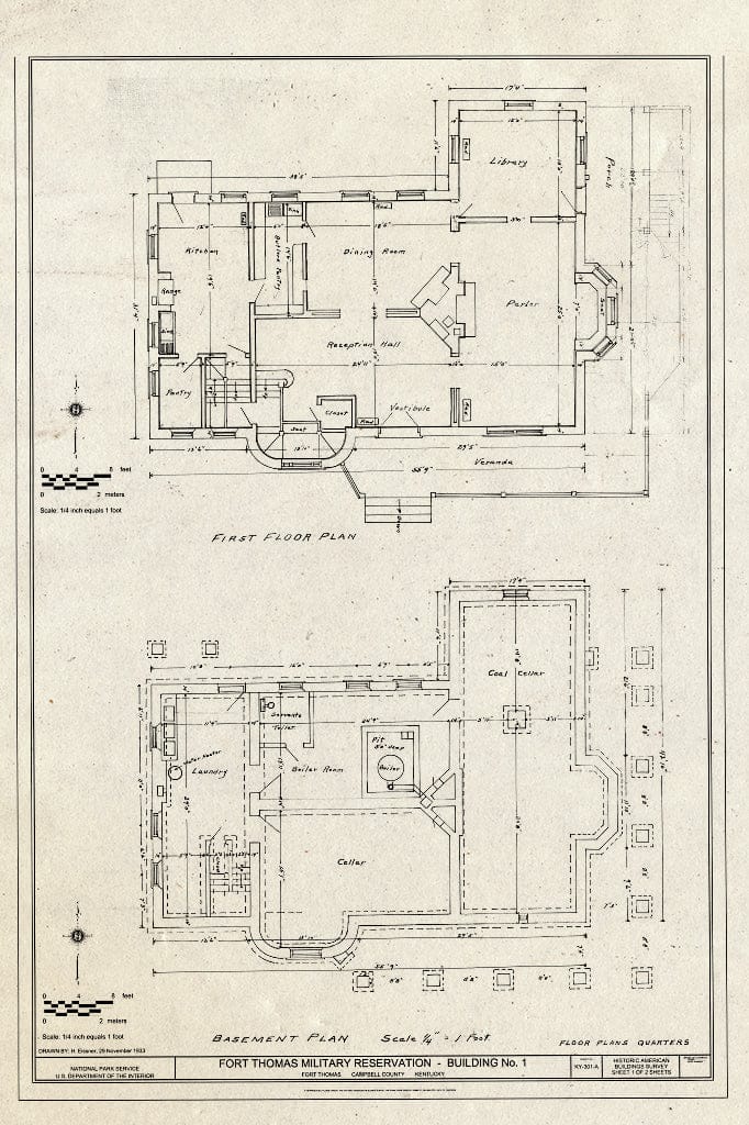 Blueprint Basement & First Floor Plans - Fort Thomas Military Reservation Administrative Officers' Quarters, Building No. 1, 1 Alexander Circle, Fort Thomas, Campbell County, KY