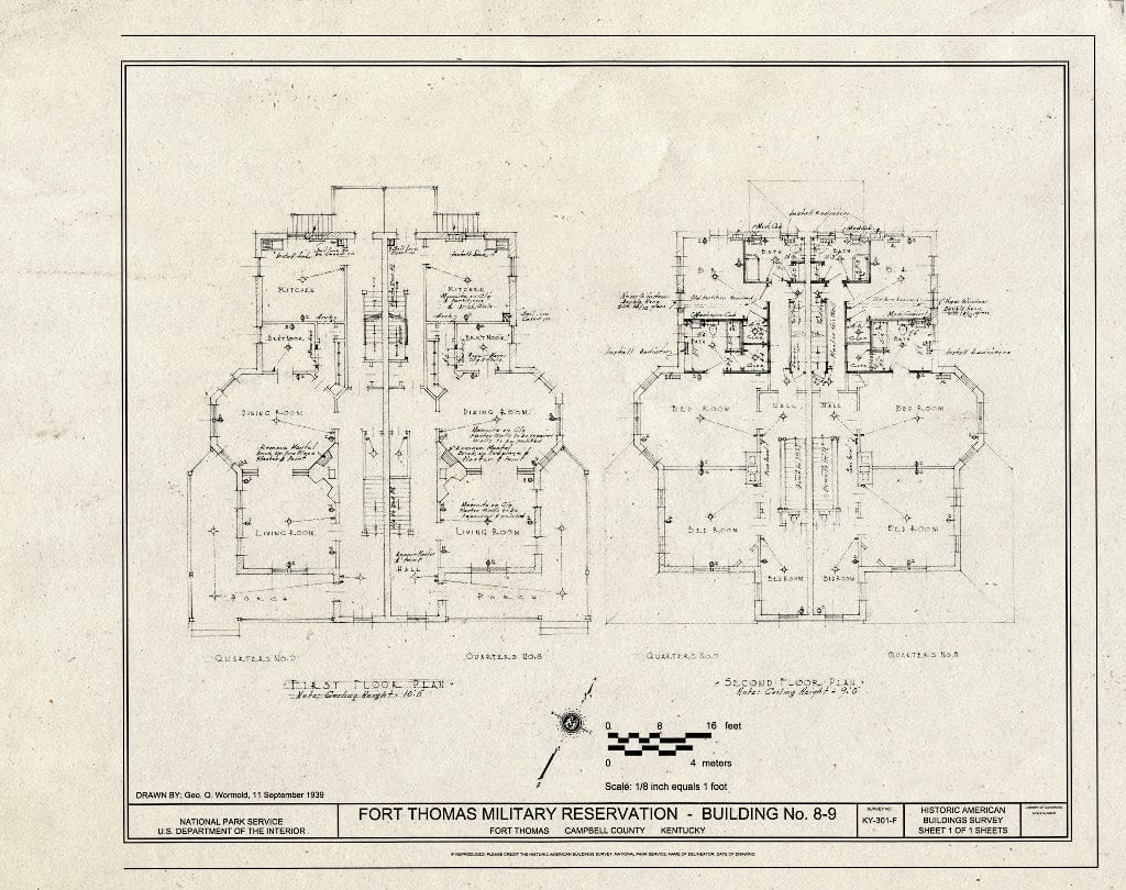 Blueprint First & Second Floor Plans - Fort Thomas Military Reservation Administrative Officers' Quarters, Building No. 8-9, 8-9 Alexander Circle, Fort Thomas, Campbell County, KY