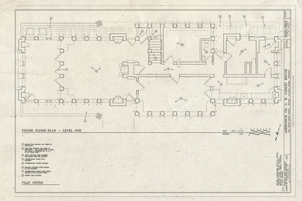 Blueprint Finish Floor Plan - Level One - G. B. Cooley House, 1011 South Grand Street, Monroe, Ouachita Parish, LA