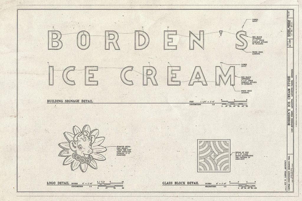 Blueprint Building Signage Detail, Logo Detail & Glass Block Detail - Borden's Ice Cream Store, 1103 Jefferson Street, Lafayette, Lafayette Parish, LA