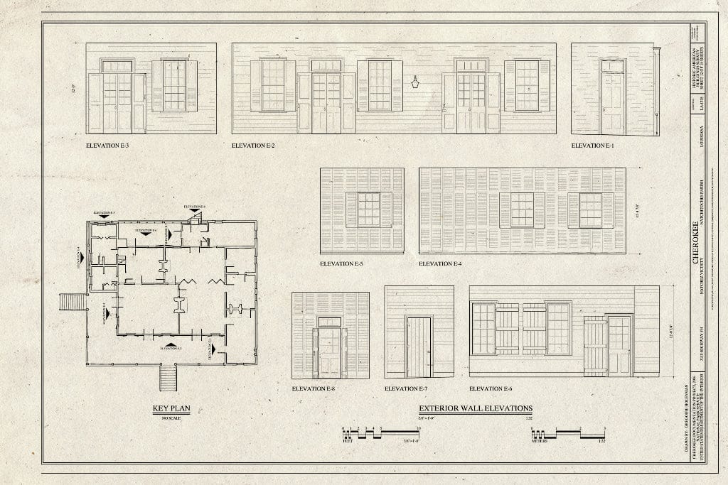 Blueprint Exterior Wall elevations - Cherokee Plantation, Highway 494, Natchez, Natchitoches Parish, LA