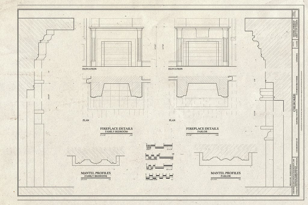 Blueprint Fireplace Details, Mantel Profiles - Cherokee Plantation, Highway 494, Natchez, Natchitoches Parish, LA