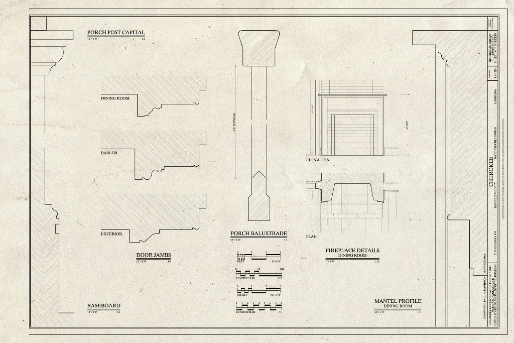 Blueprint Door jambs, baseboards, Dining Room Fireplace Elevation and Details, Porch Balustrade - Cherokee Plantation, Highway 494, Natchez, Natchitoches Parish, LA