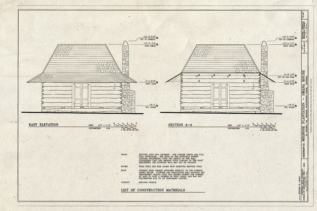 Blueprint East Elevation & Section - Melrose Plantation, Ghana House, State Highway 119, Melrose, Natchitoches Parish, LA